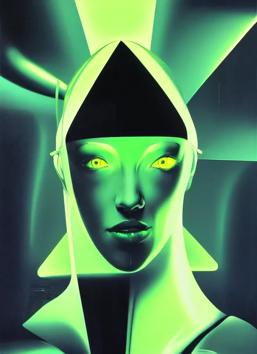 Image similar to futuristic lasers tracing, data visualization, laserpunk fullbodysuit,, pyramid visor, raindrops, wet, oiled, beautiful cyborg girl pinup, by steven meisel, kaws, rolf armstrong, cubist perfect geometry abstract acrylic, hyperrealism photorealistic airbrush collage painting, monochrome, neon fluorescent colors, minimalist rule of thirds, eighties eros