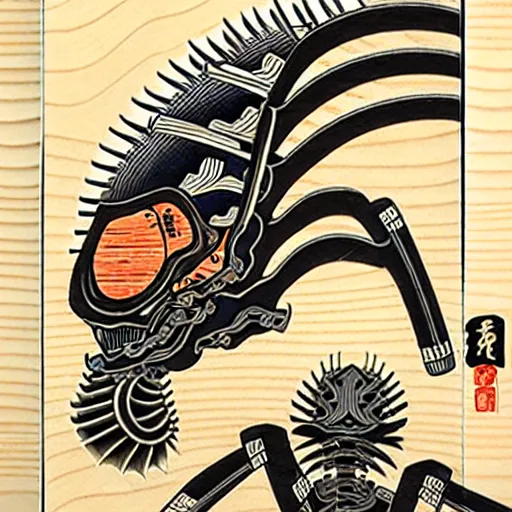 Prompt: biomechanical ukiyo - e woodblock, very detailed, hyperrealistic