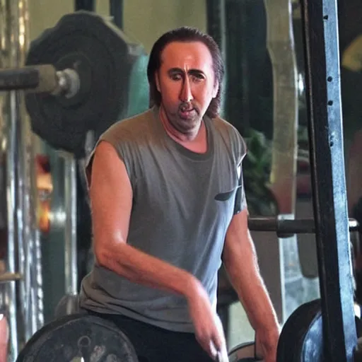 Prompt: nic cage covered in sweat while lifting an elephant