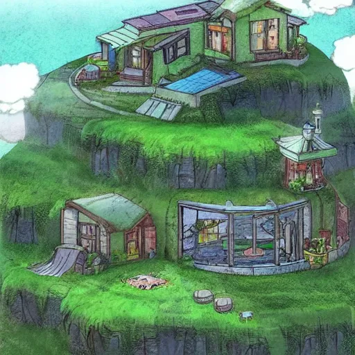 Prompt: ghibli style solarpunk scenery and house on a hill _ h 7 6 8