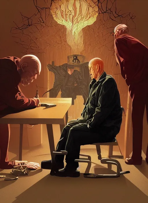 Image similar to poster artwork by Michael Whelan and Tomer Hanuka, Karol Bak of a old man transferring his soul into a young boy, sitting in the board room, from scene from Twin Peaks, clean