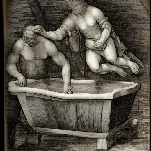 Prompt: sketches from leonardo da vinci's notebook about a hot tub