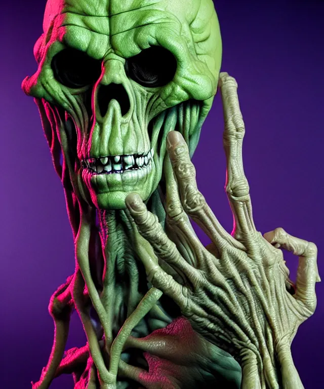 Image similar to hyperrealistic rendering, cronenberg flesh monster skeletor by art of skinner and richard corben and jeff easley, product photography, action figure, sofubi, studio lighting, colored gels