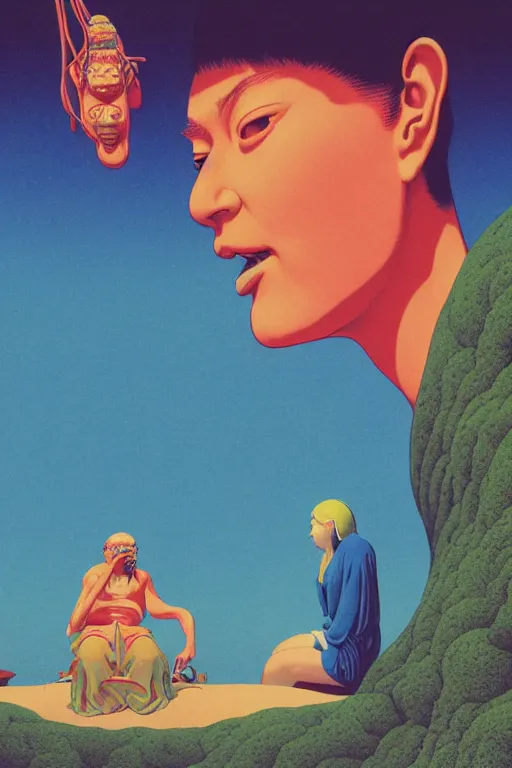 Image similar to close up portrait of a man and woman having fun with lsd and magic mushrooms by kawase hasui, moebius, Edward Hopper and James Gilleard, Zdzislaw Beksinski, Steven Outram, 8k, volumetric lighting, artstation