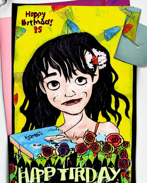 Image similar to happy birthday postcard in a style of Neil Gaiman book , birthday cake for a young black haired girl, trending on artstation, 8k, highly detailed