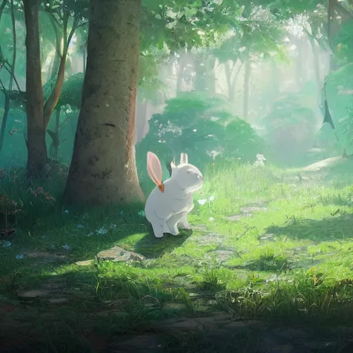 Prompt: concept art painting of a chubby white rabbit wearing a turquoise dress, in the deep forest, realistic, detailed, cel shaded, in the style of makoto shinkai and greg rutkowski and james gurney