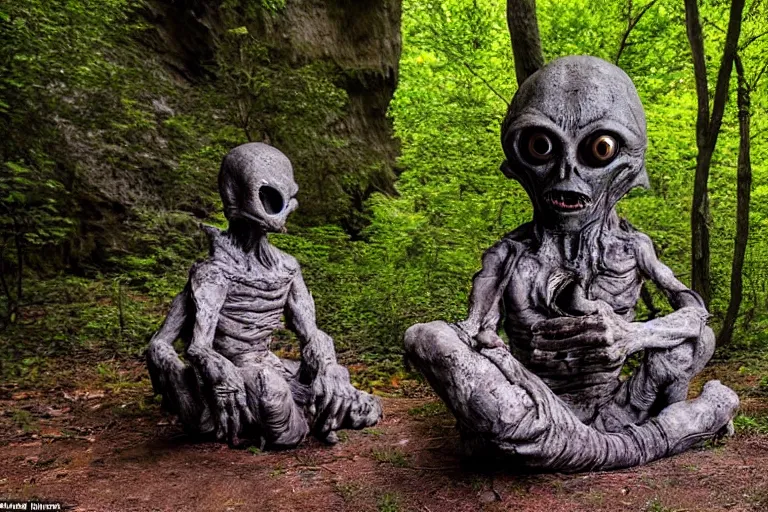 Image similar to high quality scary alienated monster statue sitting at the entrance of a cave in the middle of a forrest, highly detailed, cinematic smooth, stephen shore & john j. park, soft morning light, wide shot, high angle, uhd 8 k, deep focus