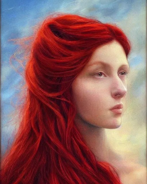 Image similar to a woman with long red hair and a flower in her hair, a photorealistic painting by Carla Wyzgala, pinterest, pre-raphaelitism, pre-raphaelite, enchanting, chiaroscuro