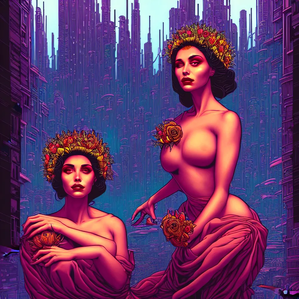 Prompt: Beautiful portrait of the flower queen in a sensual pose, in the style of Dan Mumford's artwork, with a futuristic cyberpunk city in the background.