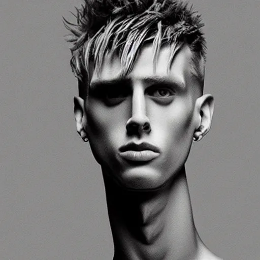 Image similar to “a realistic detailed photo of a guy who is an attractive humanoid who is half robot and half humanoid, who is a male android, rapper Machine Gun Kelly, shiny skin, posing like a statue, blank stare”