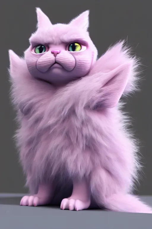 Image similar to high quality 3 d render hyperrealist very cute pastel fluffy! grumpy gargoyle cat hybrid, cyber - medieval armor, vray smooth, in the style of detective pikachu, hannah yata charlie immer, dramatic pink light, low angle, uhd 8 k, sharp focus