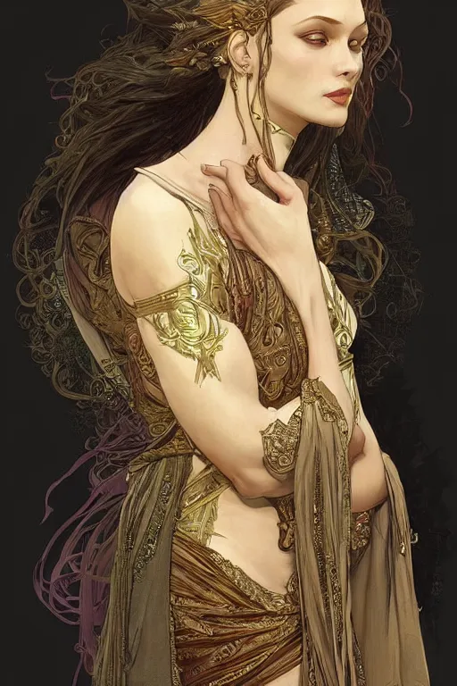 Image similar to high priestess, intricate, elegant, highly detailed, concept art, sharp focus, beautiful face!!, digital art, smooth defined outlines!!, by Brom, trending on Artstation, Alphonse Mucha