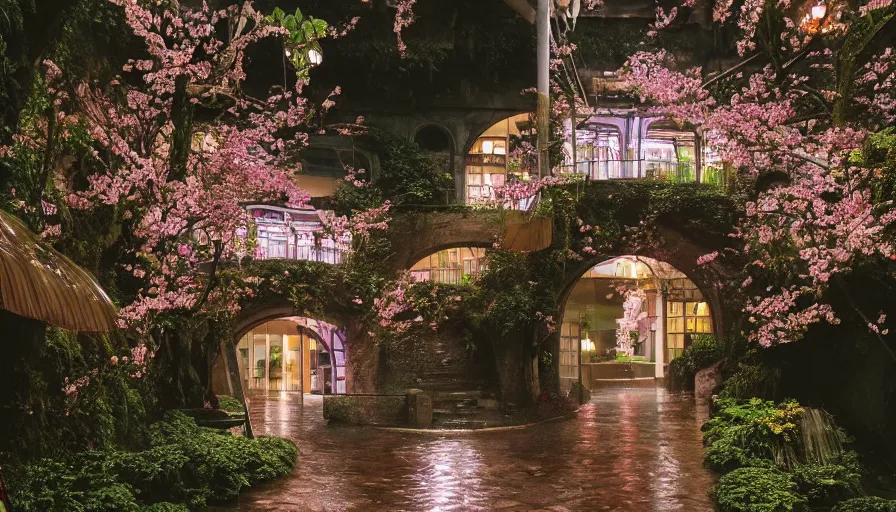Image similar to a 35mm film still of a very surreal magical European hospital with a cafe in a lush waterfall garden, falling cherry blossoms pedals, in the style of Gucci and Wes Anderson glowing lights and floating lanterns, foggy atmosphere, rainy, moody, muted colors, magic details, very detailed, 8k, cinematic look