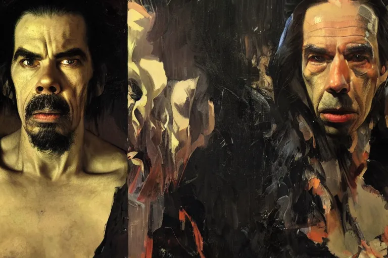 Image similar to a portrait of nick cave, masterpiece, dramatic lighting, painting by caravaggio and ruan jia and jakub rebelka and basil gogos