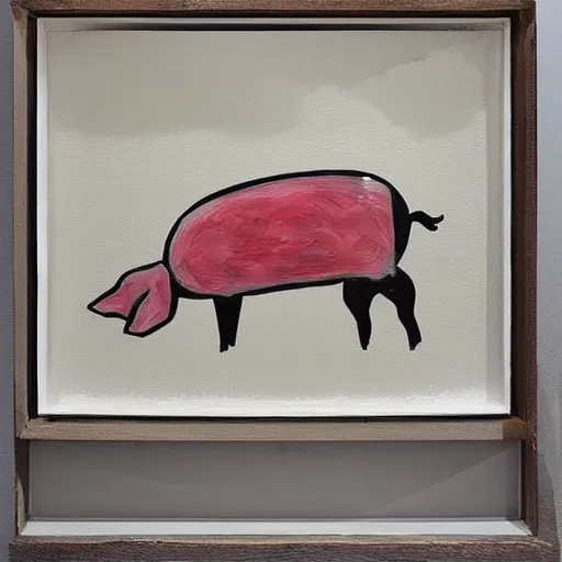 Image similar to “pig paintings and pig sculptures in a pig art gallery, pork, ikebana white flowers, white wax, squashed berries, acrylic and spray paint and oilstick on canvas, by munch and Dali”