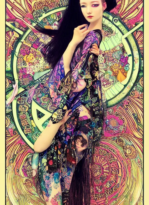 Image similar to cute punk goth fashion hippy fractal tattooed girl wearing kimono posing by Zhang Jingna, psychedelic poster art of by Victor Moscoso Rick Griffin Alphonse Mucha Gustav Klimt Ayami Kojima Amano Charlie Bowater, masterpiece