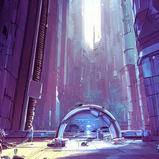 Image similar to derelict portal in a middle of a futuristic cityscape, world seen only through a portal, daylight, cinematic perspective, cinematic lighting, blue sky, syd mead, john harris