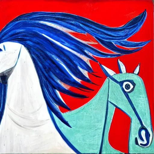 Prompt: a white horse and a blue bird in the style of picasso