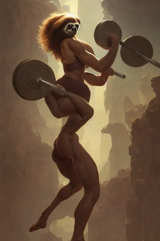 Image similar to anthro sloth lifting weights, dim dingy gym, dynamic pose, fantasy, intricate, elegant, highly detailed, digital painting, artstation, concept art, matte, sharp focus, illustration, art by artgerm and greg rutkowski and alphonse mucha