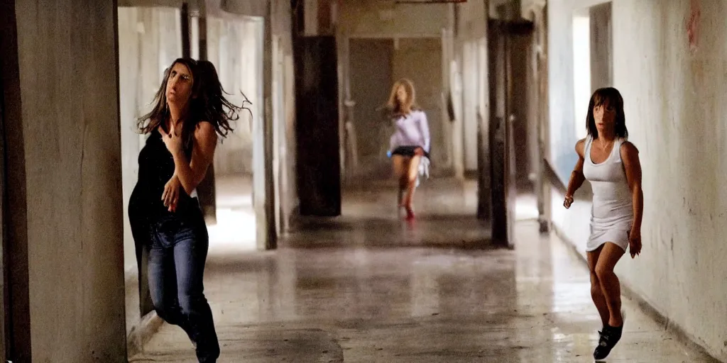 Prompt: Jennifer Love Hewitt running away from a serial killer, looking over her shoulder, in a dark abandoned school