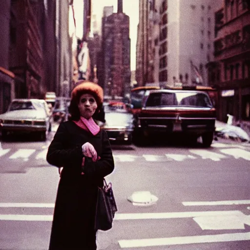 Image similar to medium format film candid portrait of a woman in new york by street film photographer, 1 9 6 0 s, woman portrait featured on unsplash, photographed on colour expired film