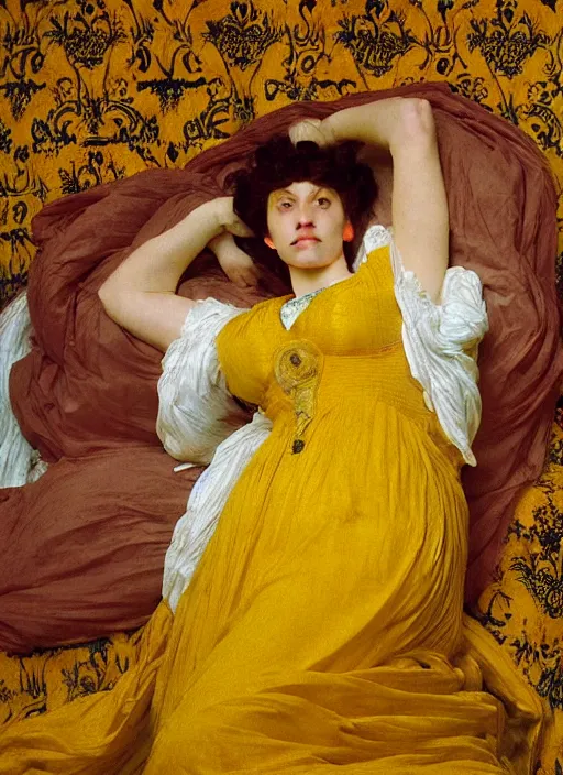 Image similar to masterpiece portrait of lady reclining on bed flowing sheets wearing yellow ochre ornate medieval dress, vertical, foreshortening, colour photography by frederic leighton, william morris, 8 k