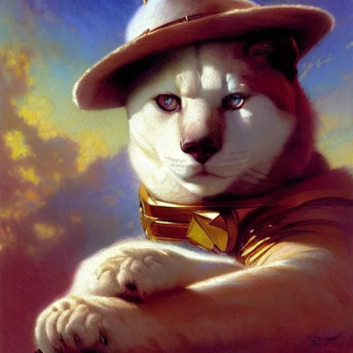 Prompt: a portrait of a manly bear white cat feline, blue eyes, star trek the next generation. highly detailed painting by gaston bussiere, craig mullins, j. c. leyendecker, furry