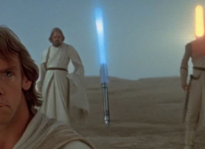 Prompt: screenshot of Luke skywalker kneeling before the larger than life glowing blue spirit of qui gon jinn at a hazy lit ancient Jedi cathedral, screenshot from the 1970s star wars thriller directed by stanley kubrick, Photographed with Leica Summilux-M 24 mm lens, ISO 100, f/8, Portra 400, kodak film, anamorphic lenses