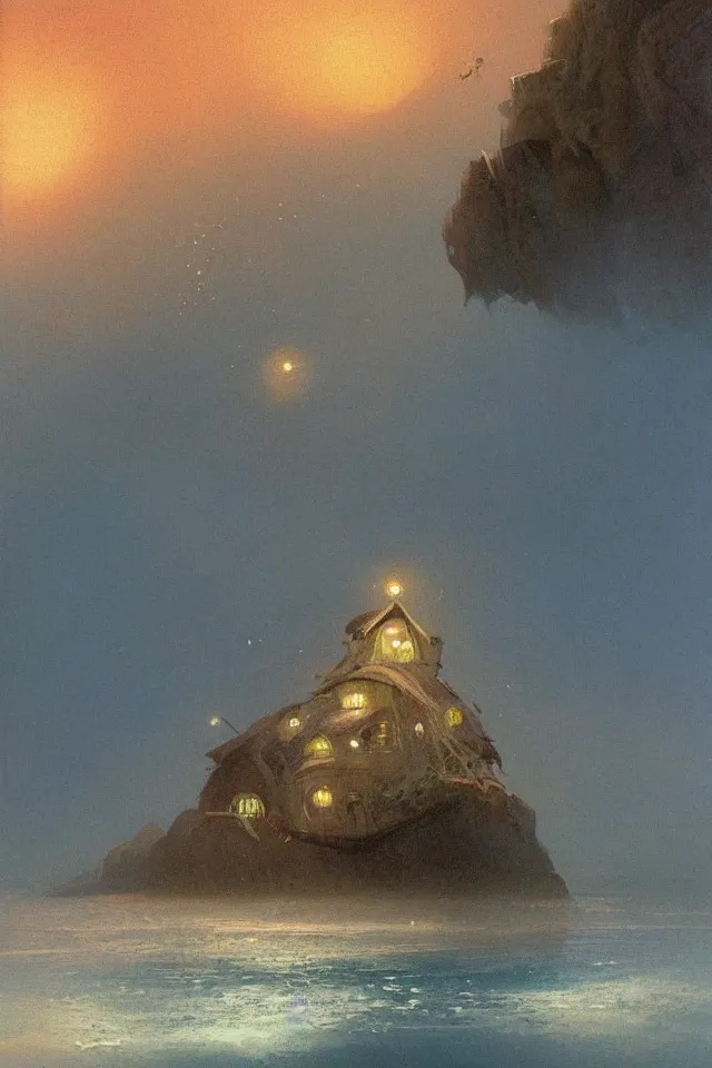 Prompt: painting of a single giant seashell house where a young girl lives , by john harris and moebius, atmospheric, concept art