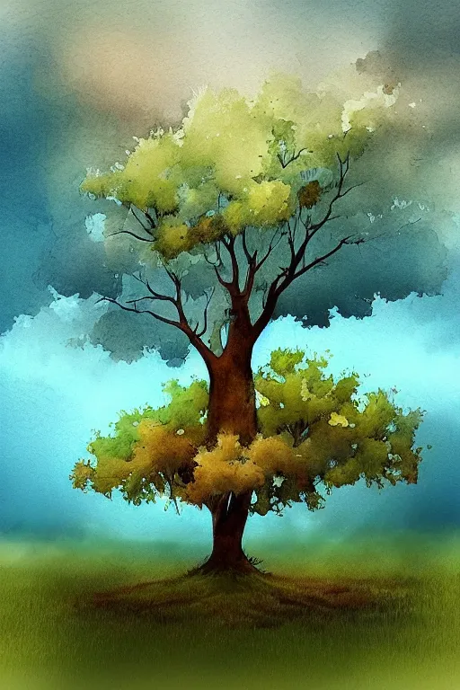 Prompt: beautiful digital watercolor painting of fantasy tree and sky background watercolor rain greg rutkowki artstation