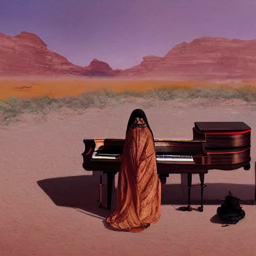 Prompt: UHD photorealistic Mummy playing piano in the desert by Greg Rutkowski