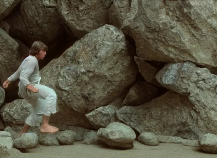 Image similar to epic still of Luke Skywalker using the force to levitate rocks above the ground in the air, ancient temple, from the 1980s film directed by Stanley Kubrick, cinematic lighting, kodak, strange, hyper real, stunning moody cinematography, with anamorphic lenses, crisp, detailed portrait, 4k image