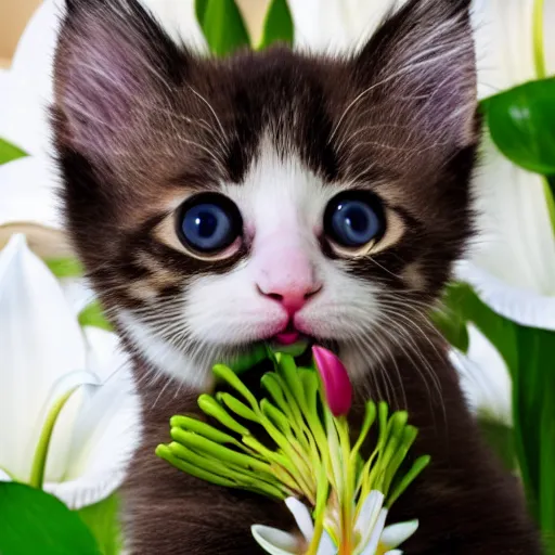 Prompt: A cute but sad kitten holding lilies in its mouth, 4k, award wining photo