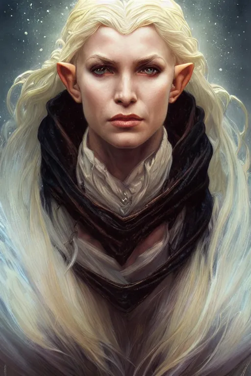 Image similar to portrait of an old blonde elven mage, dark, piercing eyes, gentle expression, elegant clothing, photorealistic, highly detailed, artstation, smooth, sharp focus, art by michael whelan, artgerm, greg rutkowski and alphonse mucha