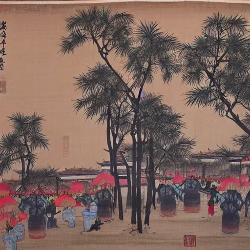 Prompt: Beijing with palm trees, traditional silk painting, colourful, style by Ma Yuan