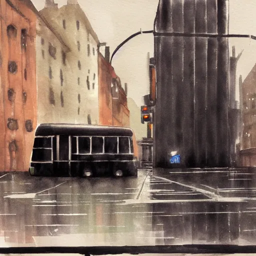 Image similar to dark city bus stop, ghibli style in wet on wet watercolor, very detailed,ArtStation