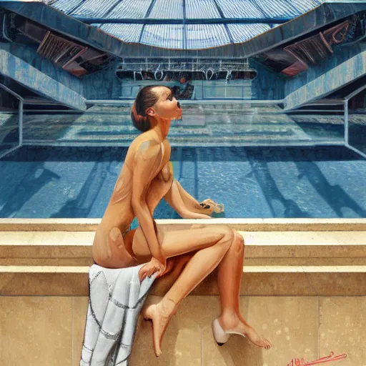 Prompt: detailed face of an arabic woman, travertine and stainless steel courtyard, clear pool, tectonic sky, skydome, reactor, utopian, tech noir, wet reflections, prism, atmospheric, ambient, pj crook, syd mead, livia prima, artgerm, greg rutkowski, nick alm, casey baugh