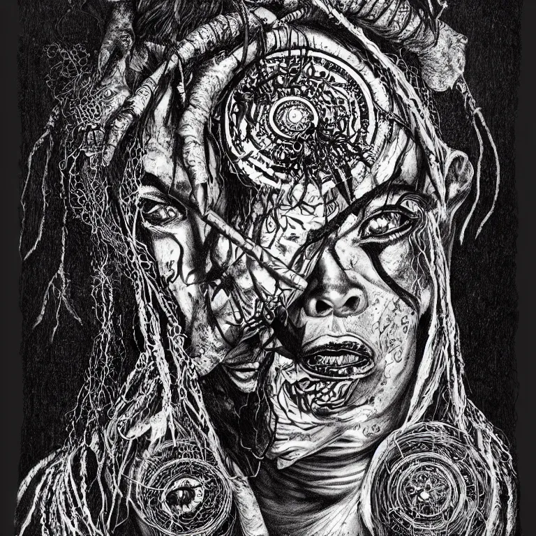 Prompt: mysterious portrait of a voodoo shaman, occult, magical realism, spiritualistic seance, pen and ink illustration by daniel martin diaz, symmetry, artstation, ultrarealistic, 8 k