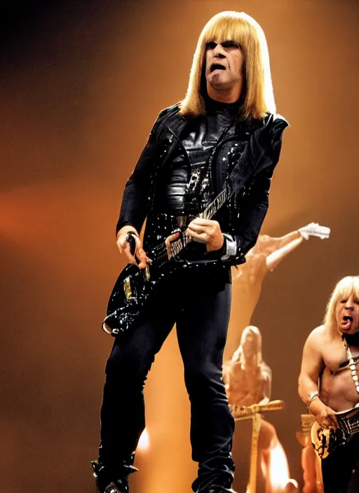 Image similar to promotional image of robbie williams as a heavy metal singer in This is Spinal Tap, rugged black clothes, detailed face, movie still frame, promotional image, imax 70 mm footage