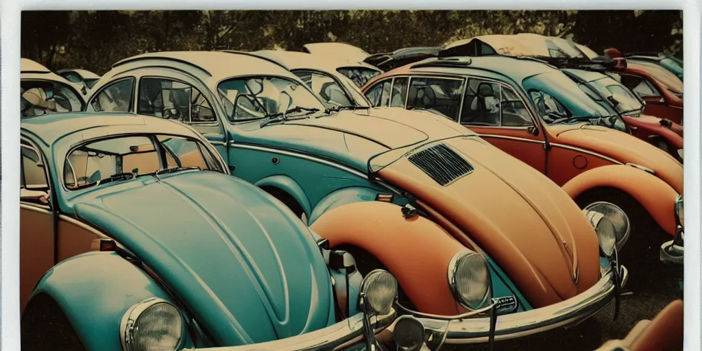 Prompt: polaroid photo of volkswagen beetles, vintage colors, slight color bleed