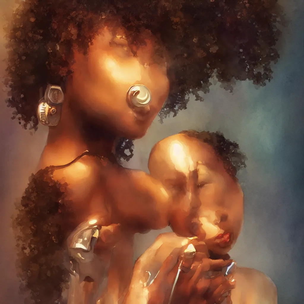 Image similar to a beautiful watercolor painting of a telephone and a young black woman, intricate, elegant, highly detailed, digital painting, artstation, concept art, art by delphin enjolras and george pemba, smooth, sharp focus, dynamic lighting, ultrarealistic, cinematic, octane render, 8 k