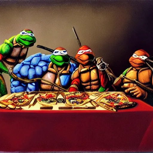 Image similar to teenage mutant ninja turtles are sitting at the table. da vinci. secret supper. there is a cola on the table. pizza on the table. realistic oil painting on canvas. digital art. rendering