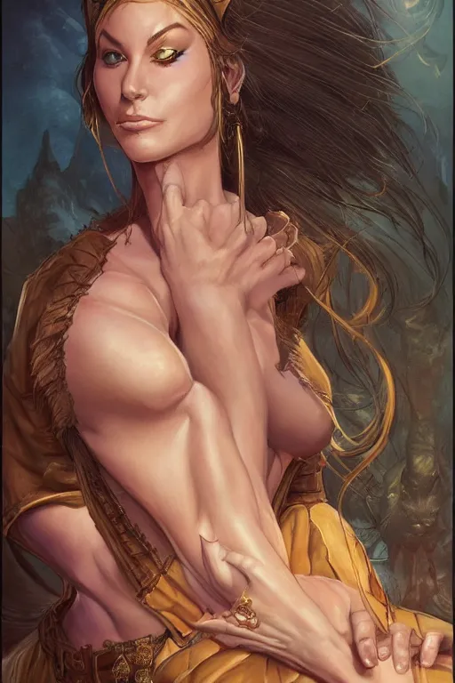 Prompt: a portrait of a beautiful female wizard, full face, beautiful clothes, style of Boris Vallejo and Frank Frazetta, very detailed, fantasy art, trending on artstation and deviantart