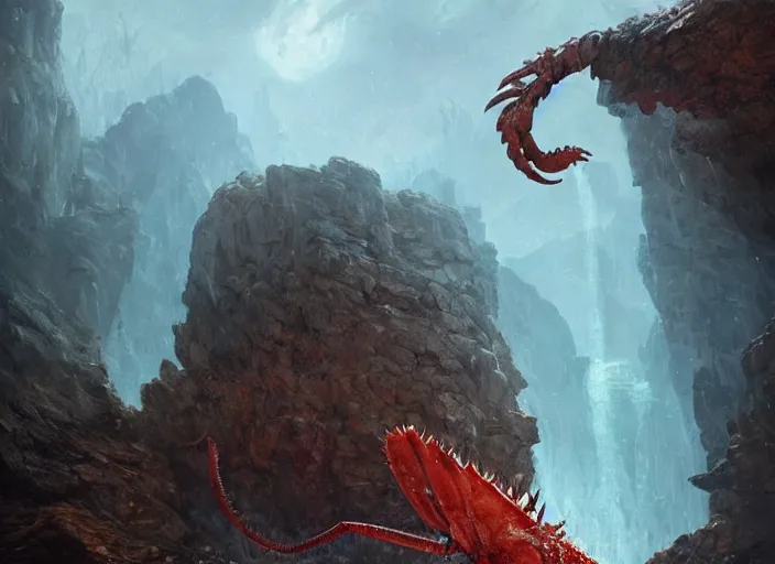 Prompt: a giant lobster monster in a rocky chasm. dreamy fantasy art by greg rutkowski