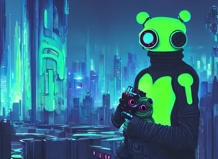 Image similar to cyberpunk pepe the frog, futuristic city, computers, dylan kowalski, marat zakirov, albert ramon puig, trending on artstation, 8 k