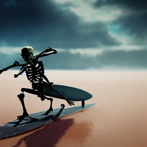 Image similar to skeleton riding a surfboard over a wave, digital art, 4k, high detail, octane render, cinematic lighting, HD