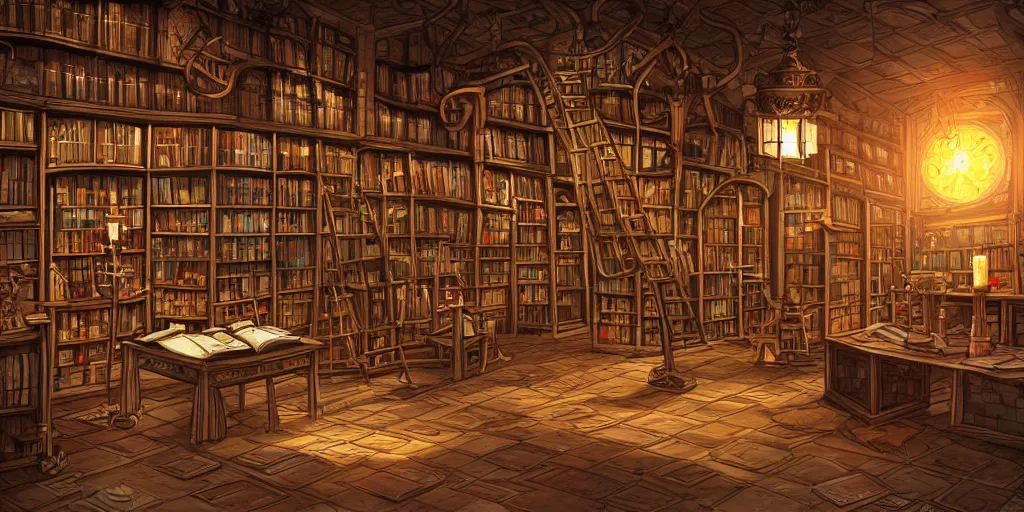 Prompt: vast library, bookshelves, wooden banks, wooden tables, mosaic stone floor, passages, wizard rats in wizard clothing, cel shading, 3 d art, 3 d cg, digital painting, celestial, majestic, cinematic light, candles, chandelier, lanterns, soft light