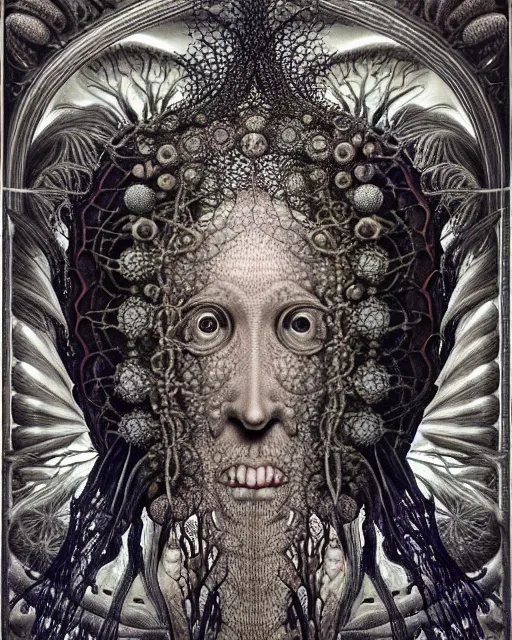 Image similar to hyperrealistic detailed underwater face portrait of the beautiful god of the fish with an intricate headgear of corals, sea kelp, sea plants, fish, starfish, jellyfish, art by ernst haeckel, hieronymus bosch, gothic, neo - gothic, ornamental, beautiful deep colours,