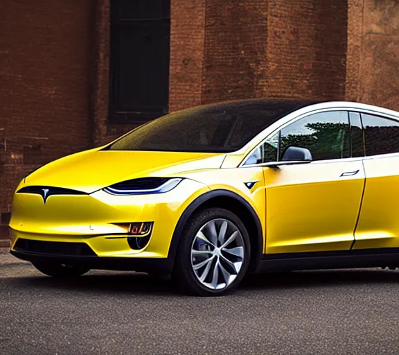 Image similar to a beautiful!!!!!!! studio photograph of a yellow-Tesla-Model-X; f/1.4; 90mm