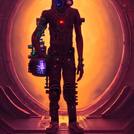 Image similar to a dogon cyberpunk hacker, steampunk stargate by greg rutkowski and android jones in a surreal portrait style, oil on canvas, ancient cyberpunk 8k resolution